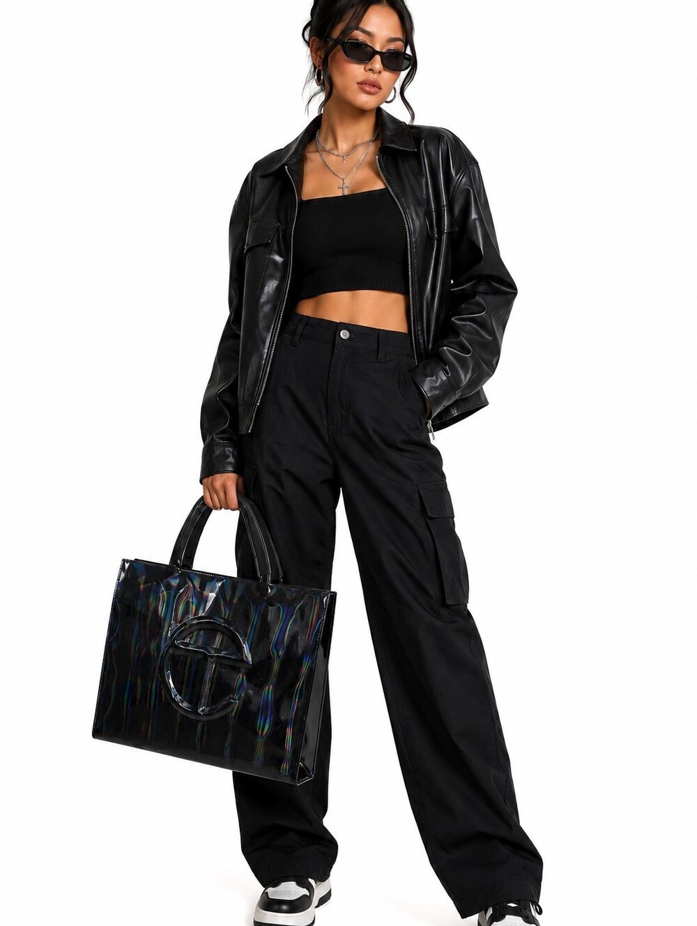 Telfar Medium  Bag Black Rainbow Holographic Patent Tote | Viral IT Bag Designer